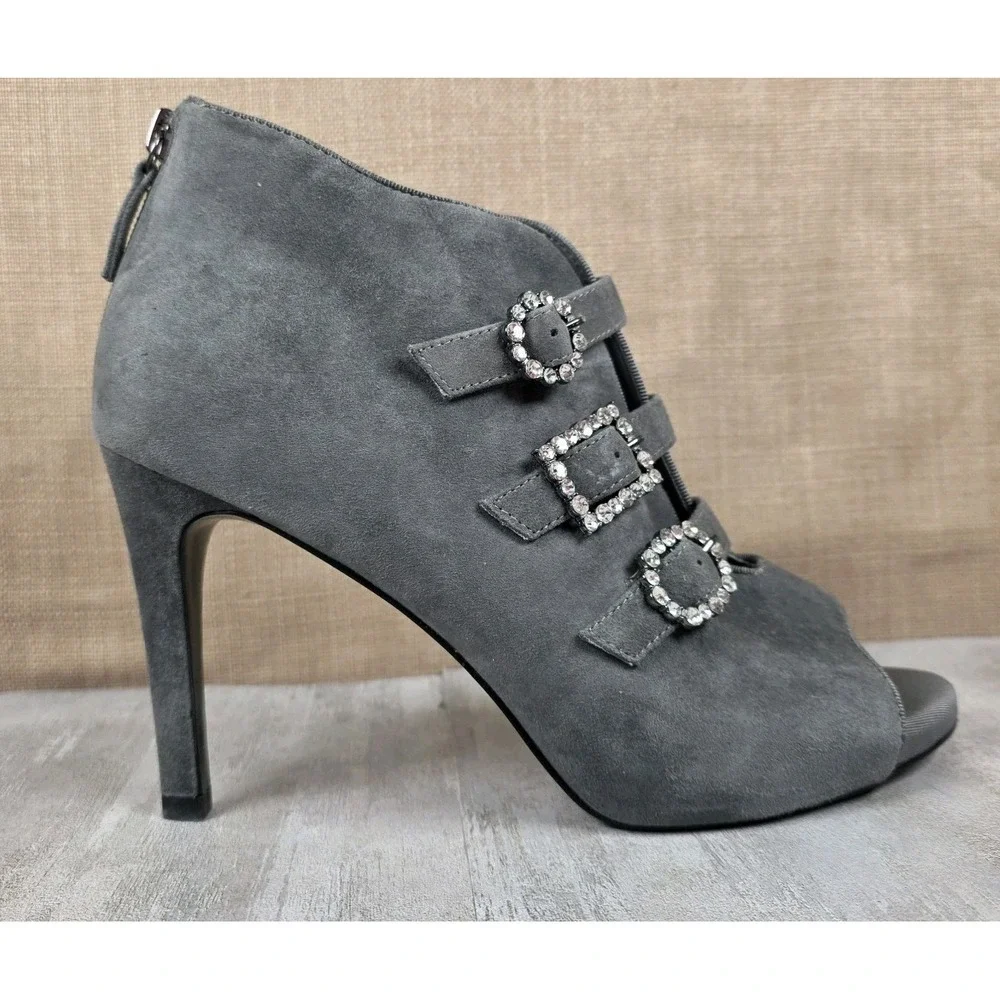 White House Black Market Marlee Open Toe Smoked Pearl Suede Buckle Booties Sz 9M